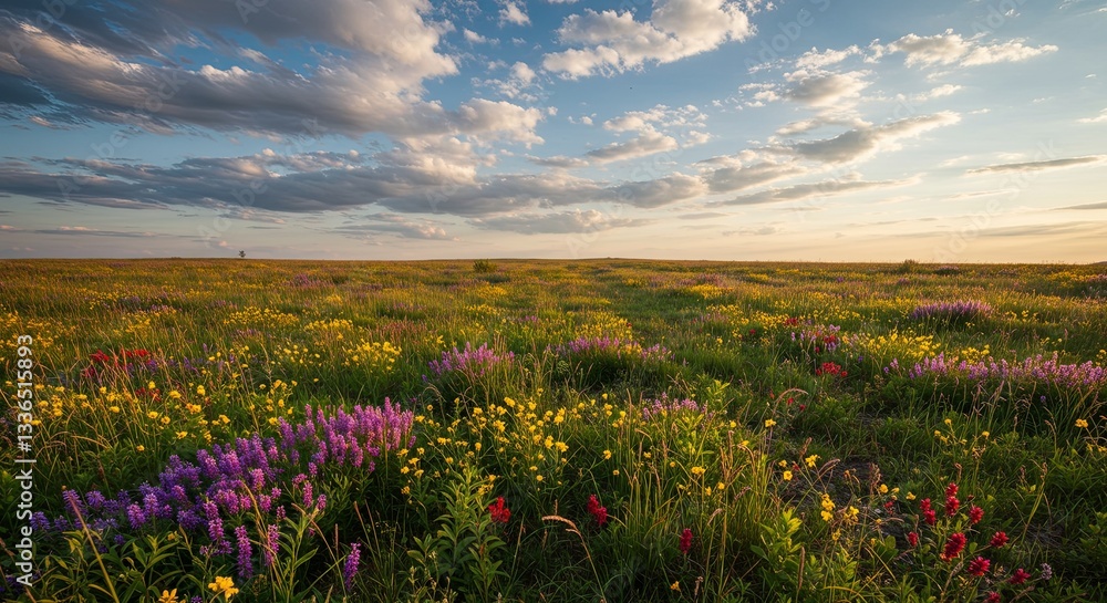 Poster a field of wildflowers with a cloudy sky in the background