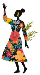 Obraz premium PNG Floral memphis woman waving hand art silhouette vibrant.