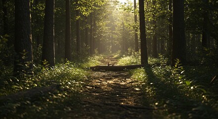 Fototapeta premium A path through a forest with sunlight shining through the trees