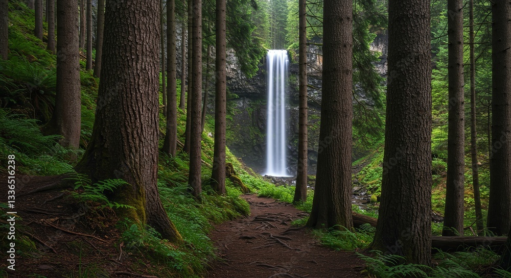 Poster a waterfall is surrounded by trees in a forest