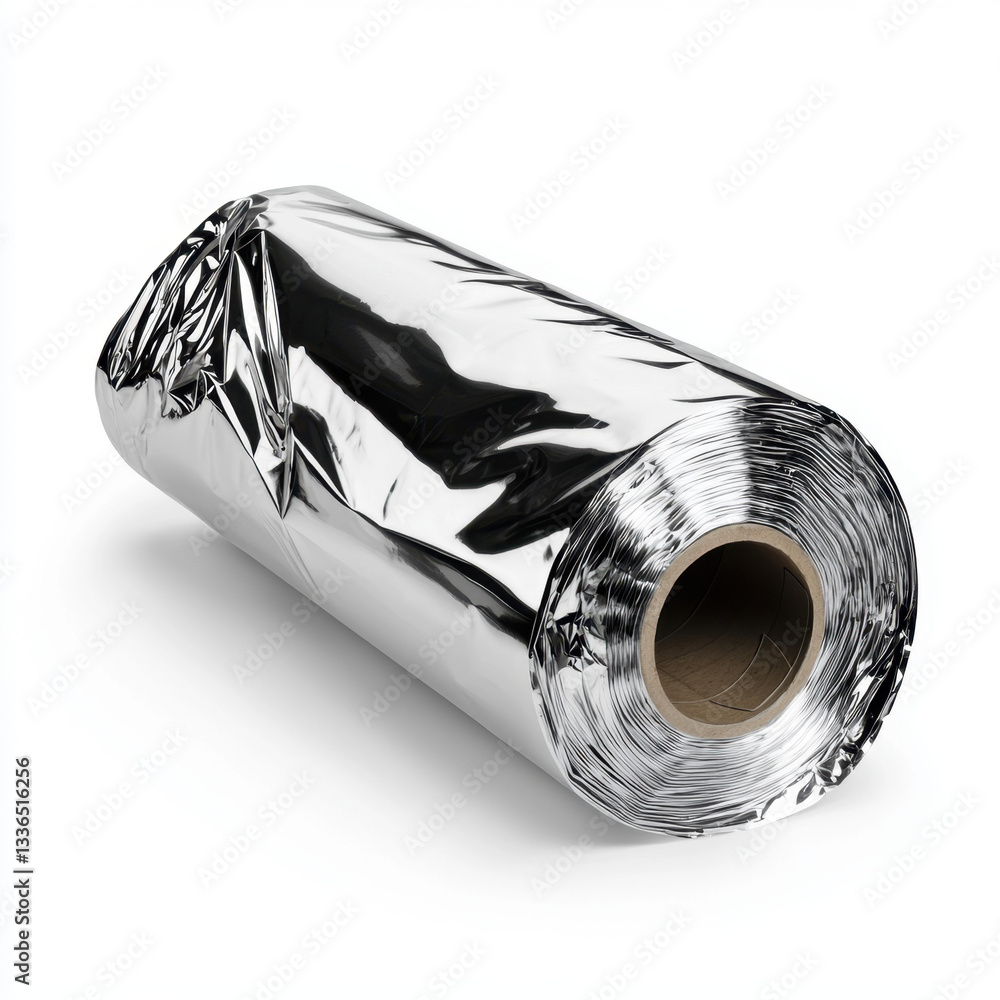 Poster a neatly rolled aluminum foil representing practical kitchen use in realistic photography with ample