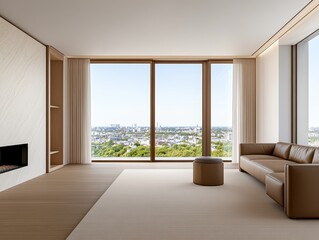 Fototapeta premium Modern minimalist living room with city view and natural light streaming in