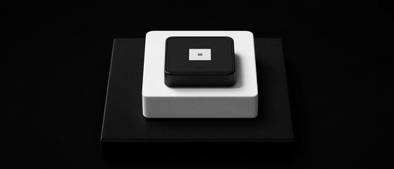 A geometric arrangement of black and white square objects appears