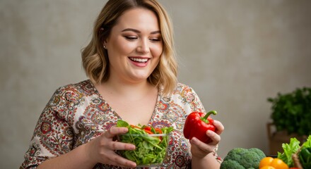A young woman with short blonde hair prepares a fresh vegetable salad, holding a red bell pepper. Concept of healthy eating and mindful lifestyle