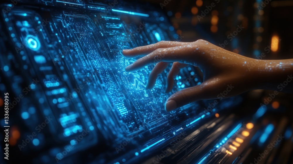 Poster close-up of a hand interacting with a futuristic holographic interface, displaying glowing blue data
