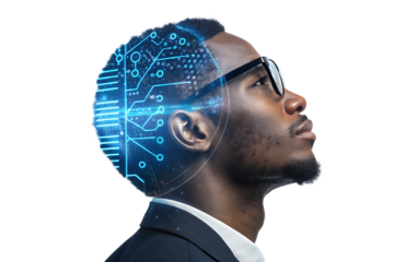 A confident African American businessman with a dollar sign on his head, smiling and dressed in a suit, looking at the world with a serious yet fashionable expression