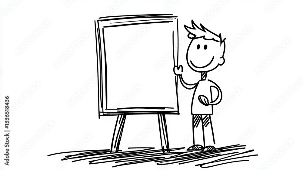 Poster cartoon character smiling and pointing at blank easel, ready to create art or present ideas with ent