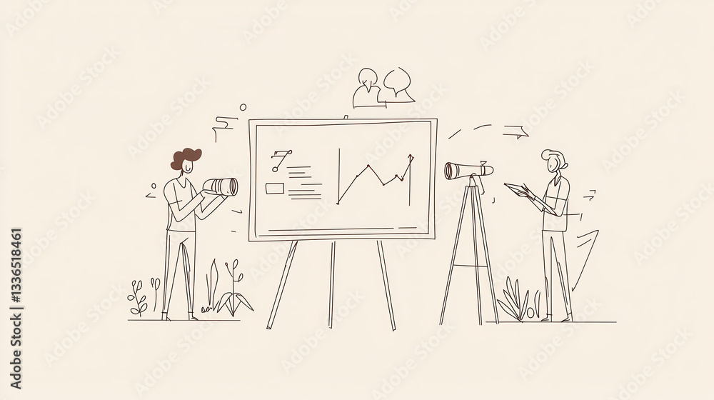 Poster two people analyzing data with telescopes, observing graph on board, showcasing teamwork and focus