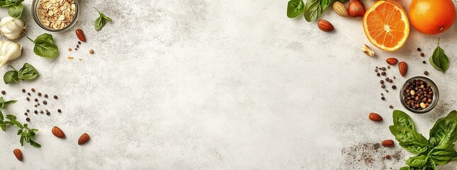 Flat lay of ingredients oranges, almonds, garlic, basil, peppercorns.