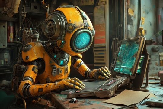 Yellow Robot Using a Futuristic Computer