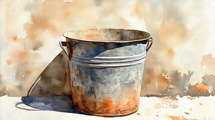 Rustic Metal Bucket Watercolor Still Life Painting