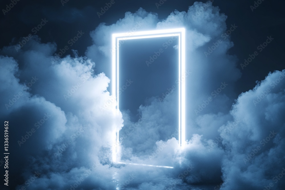 Poster rectangular neon frame in simulated cloud environment