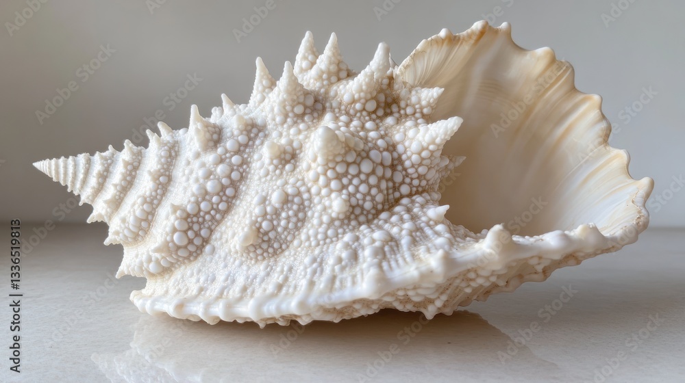 Aufkleber Close-up of a large, ornate seashell with a textured surface and pointed spines, resting on a reflective surface.