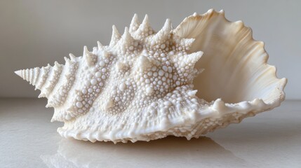 Obraz premium Close-up of a large, ornate seashell with a textured surface and pointed spines, resting on a reflective surface.