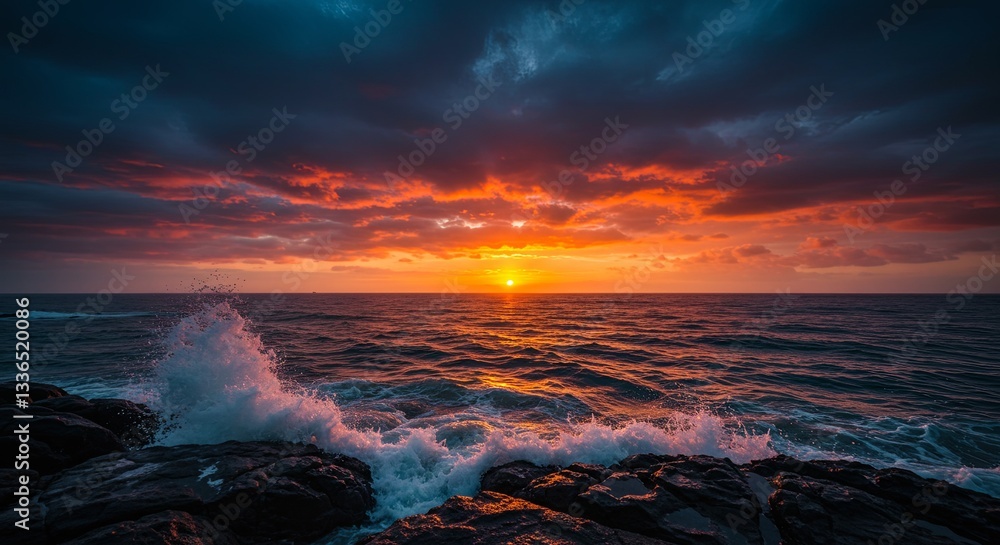 Poster the ocean is calm and the sun is setting, creating a beautiful
