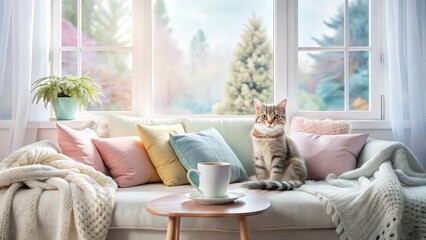 Cozy domestic feline companion sits serenely on a plush sofa by a sunlit window, enjoying the peaceful ambiance of a comfortable home