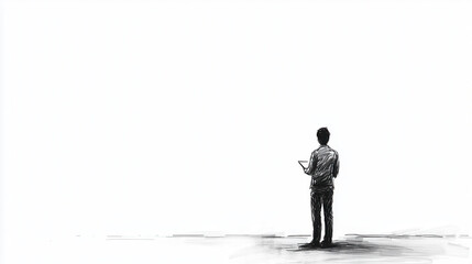 Obraz premium minimalist black line drawing of person standing alone, gazing thoughtfully at blank space, evoking sense of contemplation and solitude
