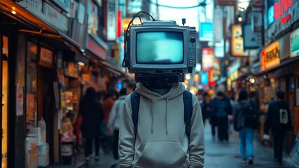 Young man stands on a vibrant street, his head replaced by an oversized TV screen. Crowds bustle around him, highlighting the contrast between digital and human life