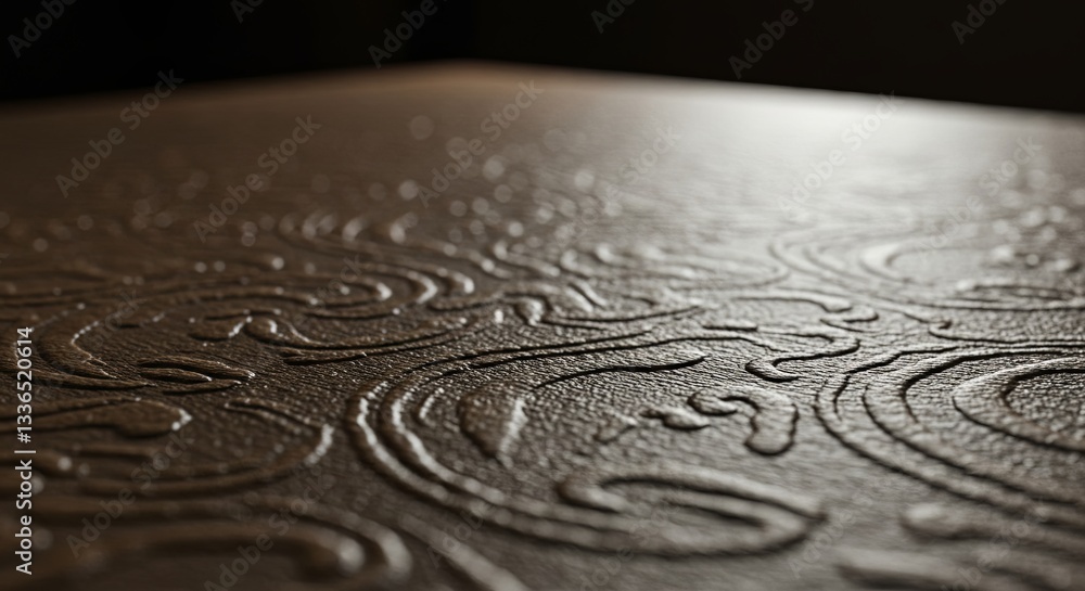 Poster The image is a close up of a wooden table with a patterned design on it