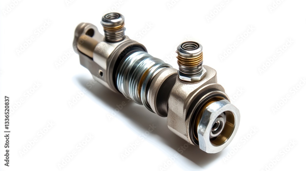 Poster close-up of a metallic industrial component, showcasing intricate details and mechanical assembly on
