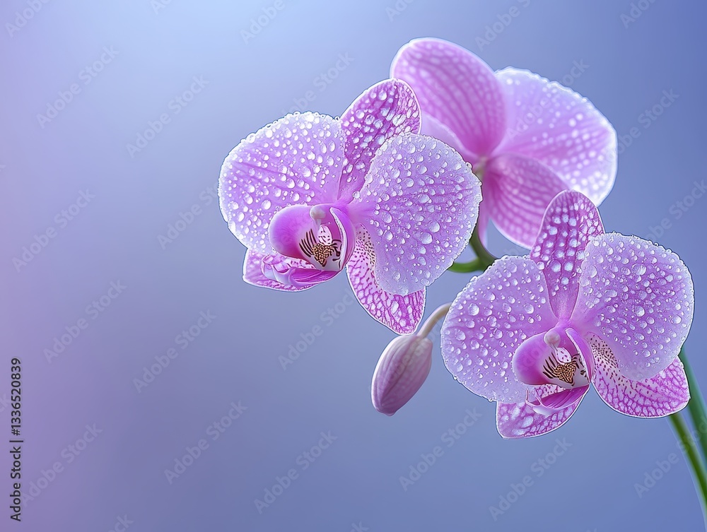 Poster beautiful pink orchids with dew drops against a soft gradient background