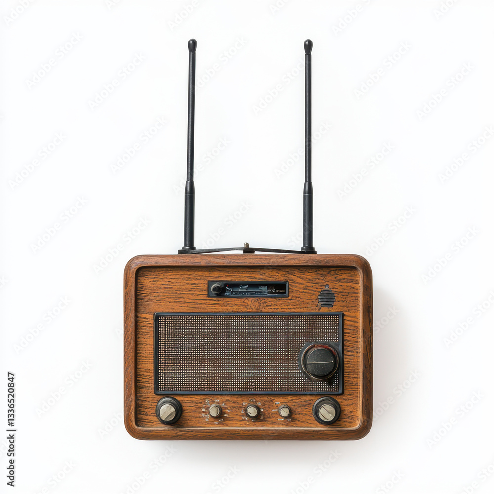 Poster classic battery-powered radio on a clean white background captured in realistic photography with amp