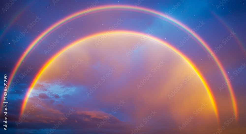 Poster a rainbow is seen in the sky with a cloudy background