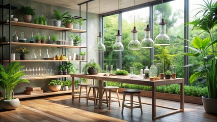 Serene Indoor Oasis with Abundant Greenery and Natural Light, Featuring a Long Wooden Table, Multiple Stools, and Open Shelving Displaying Plants and Glassware
