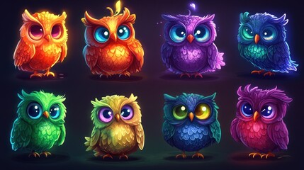 Fototapeta premium 1-20. A set of six adorable cartoon owls in various poses, featuring bright colors and cute expressions.