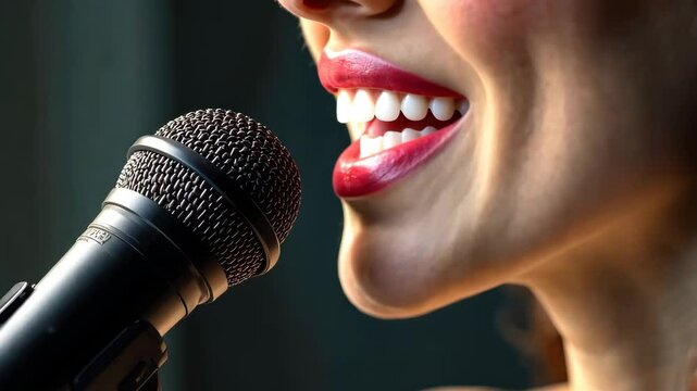 A woman with bright red lipstick sings into a microphone. Concept of vocal performance.