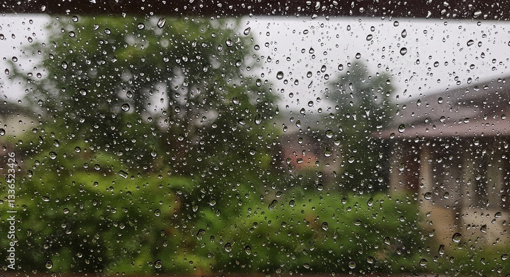 Poster A window with raindrops on it and a tree in the background