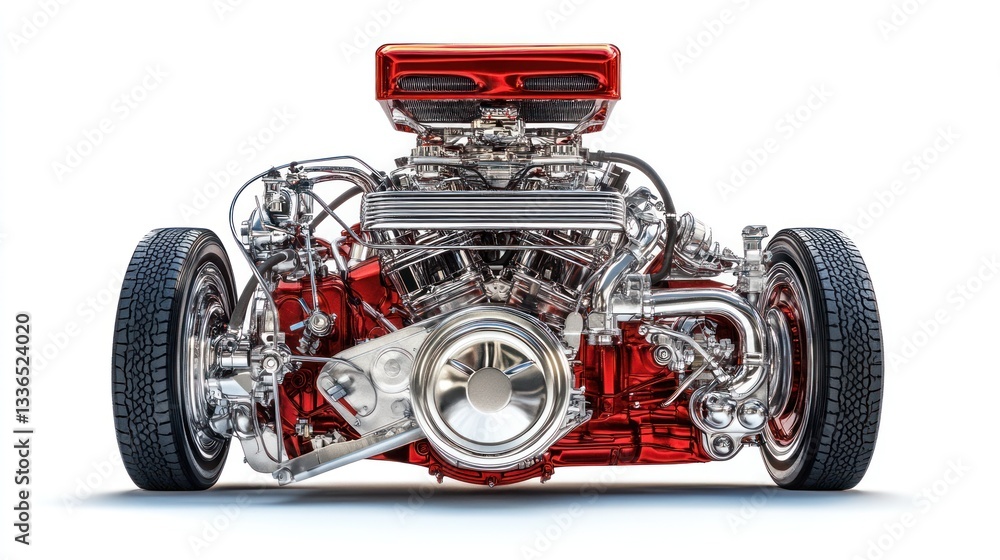 Aufkleber Close-up of a powerful, red, custom-built V8 engine with attached wheels, isolated on white background.