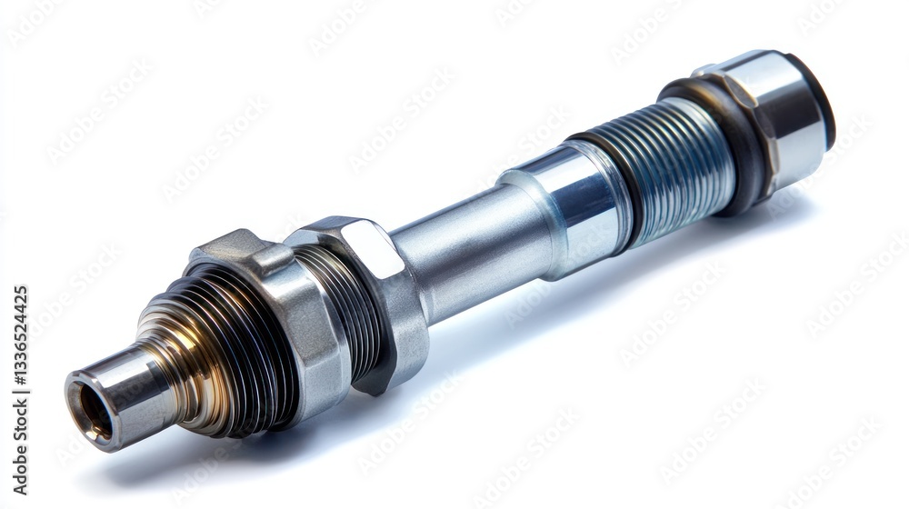Leinwandbilder close-up of a precision-engineered metal component with threaded connections and seals, isolated on 