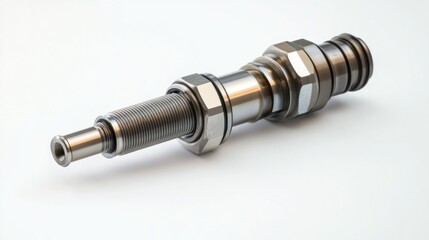 Close-up of a precision-engineered metallic component, showcasing intricate details and threaded parts against a clean white background.