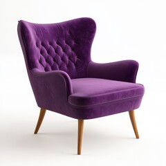 Purple velvet wingback chair with wooden legs.  A stylish accent chair with a deep purple velvet upholstery, wing-shaped back, and light wooden legs.  The tufted diamond pattern adds visual interest