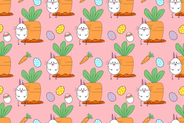 Bright, cheerful seamless pattern. Cute Easter egg character in  rabbit costume. Large carrot in  background. Hunt for painted eggs. Traditional religious holiday is Easter.