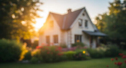 Picturesque Detached Home Amidst a Sunlit Blurred Garden in Summer
