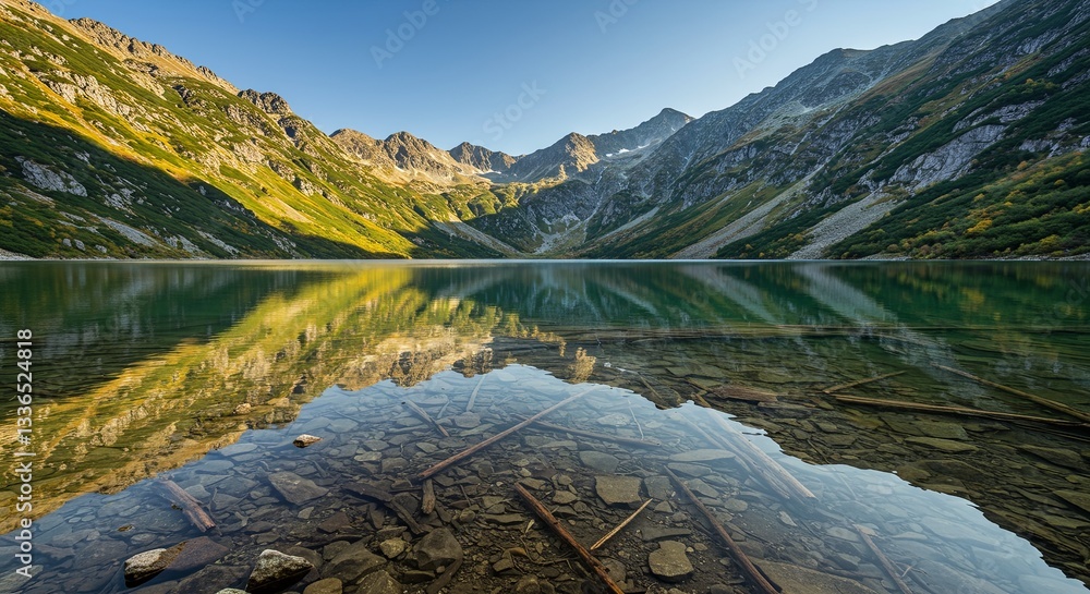 Poster a lake with mountains in the background