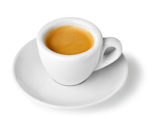 Small cup espresso with saucer revealing golden crema layer isolated on white background