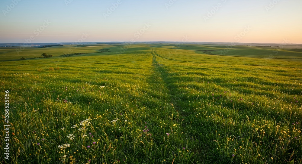Poster a large field of grass with a few flowers scattered throughout