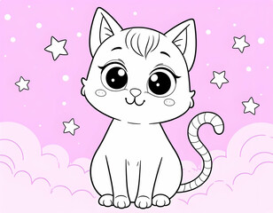 Obraz premium Cute Cat Illustration with Stars on a Pink and Purple Background