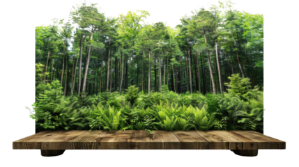 Empty wooden table showing lush green forest with ferns on transparent background