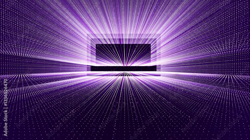 Poster purple color rotating circular dots with 3d depth rectangular tunnel modern design dark technologica