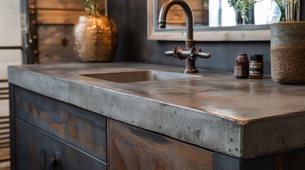Close-up of a rustic concrete bathroom vanity with a metal base and integrated sink.