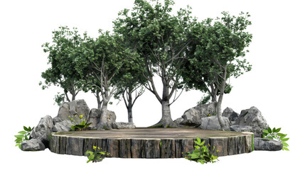 Trees growing on a wooden platform with rocks and transparent background