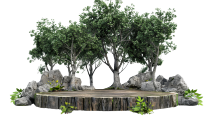 Trees growing on a wooden platform with rocks and transparent background