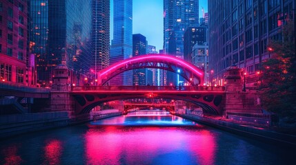 Obraz premium Illuminated bridge over city canal at dusk.