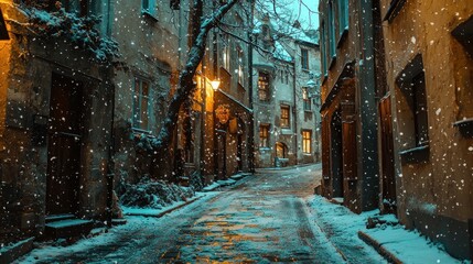 Fototapeta premium Snowy cobblestone street in old town at night.
