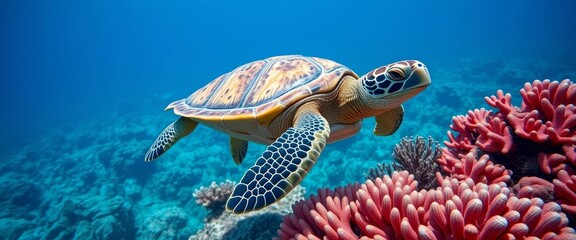 Graceful sea turtle glides through vibrant coral reef, showcasing intricate shell patterns and powerful flippers.