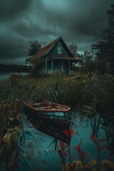 Obraz premium Abandoned Boat Reflecting at Forgotten House by the Lake Under a Mysterious and Dark Sky